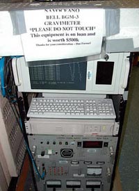 It looks a little out of date and cobbled together, but read the sign. The gravimeter&rsquo;s monetary value (500K) reflects its importance: It&rsquo;s a very powerful recording device that monitors Earth&rsquo;s gravity every second as we move along. 