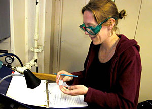 Scientist Laura Robinson, cleaning one of the Desmophyllum cristagalli coral samples.  