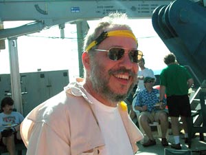 ABE head honcho Dana Yoerger in a rare hatless moment. Scientist Laura Robinson designed his substitute headgear, as well as many other impromptu accessories, specially for this event. 