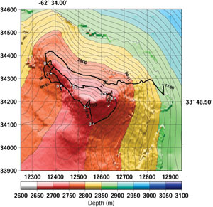 This map was created by ABE, which has sonar capability known as SM2000 that can generate very high-resolution images of small areas. Note that each of the grid lines represents a spacing of 100 meters &ndash; a very different scale from all the previous maps. Scientists took this map with them on a recent dive as a navigation tool. The black line indicates the path the sub actually took.