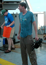 Scientist Alex Gagnon has been especially active in the traditional dunking of first-time Alvin divers. Today, he went down in the sub for the first time, and he got what was coming to him. 