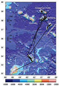 Few stones unturned. A map created by Co-chief Scientist Dan Scheirer shows the complete course of R/V Atlantis during Expedition 7. The multiple passes over particular areas are a result of both multibeam sonar surveying and the fact that rough weather forced us to move around quite a bit in order to find suitable spots for Alvin	dives and other data-collecting operations.