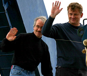  Researchers Dave Butterfield (left) and Kevin Brown board Alvin for their trip to the Main Endeavour hydrothermal vent field. They visited two areas to deploy instruments, take temperatures, and capture gas and fluid samples. 