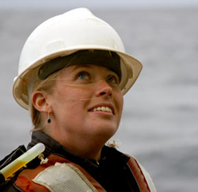 Kris Ludwig is a graduate student in marine geology and chemistry at the University of Washington in Seattle. She works primarily at night, overseeing the use of an ocean instrument called a CTD, which measures the ocean&rsquo;s conductivity (used to determine salinity), temperature, and depth.