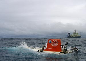  Cool conditions prevail (today&rsquo;s air temperature was 58&deg;F [14.4&deg;C]) but seas were calm for the fifth Alvin dive of the expedition. (Photo by Mark Spear).