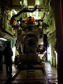 Alvin powers up in the hangar of Atlantis before the Sunday night dive to the Nootka transform fault, where Expedition Leader Pat Hickey recovered an instrument. (Photo by Mitch Elend).