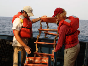 Seaman Robert Barrett (left) and second mate Craig Dickson demonstrate lowering the ladder during the safety drill.