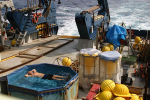 Steward Carl Wood takes a morning dip in the ship&rsquo;s &ldquo;pool&rdquo; (also used for testing floats and other ocean research tools). 