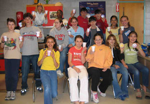 A middle school class in Lexington Mass. decorated Styrofoam cups that we have brought on the ship for &ldquo;shrinking&rdquo; under deep-sea pressure. We put the cups in a mesh bag attached to the sub, which carries them to the seafloor during a dive. (Photo provided by Carolyn Sheild)