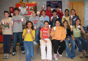 A middle school class in Lexington Mass. decorated Styrofoam cups that we have brought on the ship for “shrinking” under deep-sea pressure. We put the cups in a mesh bag attached to the sub, which carries them to the seafloor during a dive. (Photo provided by Carolyn Sheild)