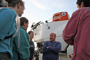Biologist Tim Shank draws a crowd after returning from the dive to Rosebud His colleagues want to know all about the animals he saw at the hydrothermal vent field, and how they have changed since 2002. 