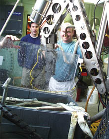 The microbiologists work together to catalog samples from the hydrothermal sulfides collected during the January 14th dive. They will use these samples to culture the microbes.  