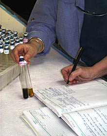  Note the different colors in the two test tubes. The microbiologists are using different chemical mixtures to grow the microorganisms. Note the different colors in the two test tubes. The microbiologists are using different chemical mixtures to grow the microorganisms.