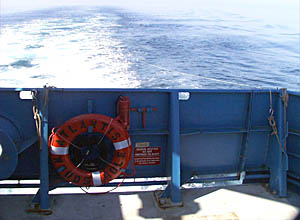 Fishing lines stream off the bow of R/V Atlantis as she heads to the port of Manzanillo. 