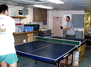  Louis Hurtado and Martial Taillefert play the championship ping pong game as we sail into Manzanillo. Martial won in a closely matched contest. 