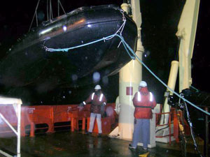 Safely back—the crane lifts the dive boat onto the Gould’s deck.