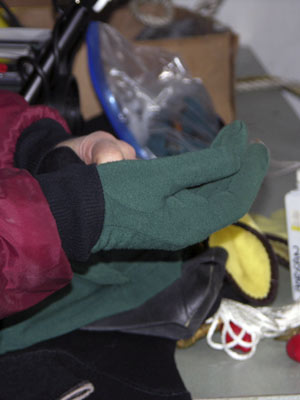 Up on the main deck, Diane puts on the first of three pairs of gloves: this one of fleece. By this stage, she is becoming very warm in all these clothes.