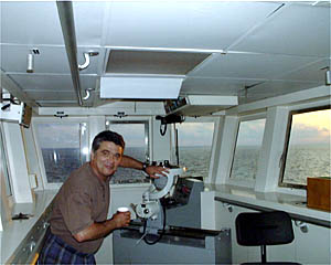 Captain Silva on the port bridge wing at sunrise this morning just prior to arriving at the dive site. 