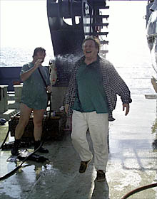 Hans Schouten gets baptized as a first-time Alvin observer after the dive. 