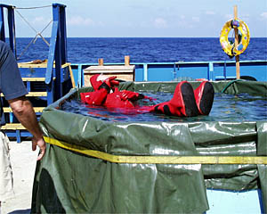 Gary floating in the pool in his Gumby suit. 