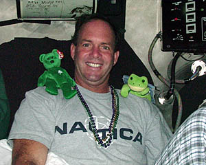 Capt. Tim McGee on his first dive to the bottom of the ocean in Alvin. Tim has two pals on his shoulders. The bear’s name is “Erin” and belongs to Tim and Nancy McGee’s son Ryan who is in 2nd grade at the Woodlake Elementary School in Mandeville, LA. The frog’s name is “Lickatong”. He is Miles McGee’s friend.
