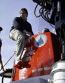 Dave Olds steps out of Alvin after his last dive. Dave is retiring from the Alvin Group to start his own software and computer consulting company.