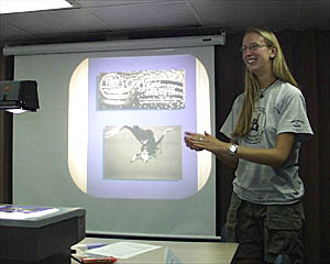 Julie gives a talk about the Our World-Underwater Scholarship Society. The scholarship provides her with underwater experiences around the world. 