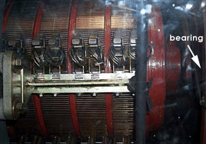 The communtator end of one propulsion motor. The bearing at the end of the communtator end wore out, causing the motor to start making lots of weird noises. The engineers noticed this and decided to keep it turned off so that the motor would not be damaged further.