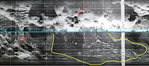 This DSL-120 sonar record collected last night shows an area on the seafloor that we suspect might have new volcanic flows. We saw lots of bumpy topography that is probably made up of small volcanoes a few tens of meters high and about a football field in area. Some of them are in groups, as in sonar image (see red arrows). The striking thing about this photo is the blackish area that is cut by many fissures (outlined by yellow). The blackish area is not dark. It is an area where sound from the sonar has not been reflected back strongly. We suspect that this may be a new lava flow and we are going to tow the sonar fish over the area again tonight to get a better look at it. The blue line is the nadir, or centerline, where the sonar fish was flying about 100 meters above the seafloor. This image is produced in real time, as we are towing the sonar over the seafloor. But we will be working hard in the next day to “process” the data to remove errors and distortions. We want to make the best possible image to help guide where we will sample lava and where we will tow Argo II to photograph the seafloor.