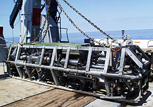 This is the Argo II towed camera and imaging system operated by Woods Hole Oceanographic Institution’s Deep Submergence Operations Group. To find out more about Argo II check out the “Oceanographic Tools” section under “About the Cruise”.