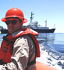 Today, as part of the routine safety and maintenance checks performed on R/V Melville, Captain Buck tested the rescue boat. He gave several members of the science team a chance to go for a ride around the ship which they thoroughly enjoyed.