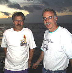 Mike Perfit (right) and Dan Fornari enjoying the beautiful sunset and discussing plans for the new survey next week at the East Pacific Rise near 1° 45’N. 