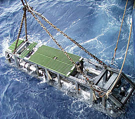 The final survey of the 3°25’N area of the East Pacific Rise crest! Argo II is lifted from the ocean depths at the completion of our work here. Argo II has been lowered twice and has been at the seafloor surveying for nearly 3 days.