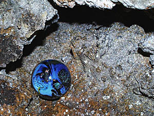 One of the two “Planets” made by glass artist Josh Simpson that were placed in the lava tube today. The “Planet” is about 2 inches in diameter. See the Daily Update for April 9 for more information on Josh Simpson and his glass “Planets”.