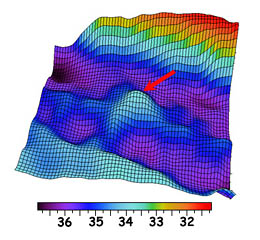 A 3-dimensional view of the multibeam bathymetry data shown in the previous photograph. Depths on the color bar are in meters times 100 (i.e., 36 in the color bar is 3600 meters). The areas of the two photos are approximately the same. The red arrow points to the summit of the volcano. North is towards the top of the photo. We plan to sample rocks on the volcano by dredging on its southern flank tonight.