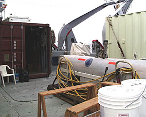 A sure sign that the end of the cruise is near! The DSL-120 sonar vehicle packed on its shipping cradle and ready to be put into the red van. The DSL-120 sonar will next be used on an expedition to the Black Sea this summer.