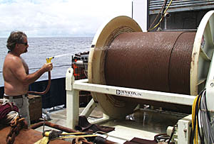 At about 1215 hours today, we completed our last Argo II lowering of this expedition. As the Argo II was hauled in for the last time, PJ Bernard washed the fiber optic cable with fresh water so that the salty seawater would not corrode it.