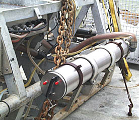 One of the stainless steel housings for electronic equipment on Argo II. Because they are so heavy, the housings are designed to swivel out of the main frame of the Argo II so that the electronics can be easily loaded, unloaded, or repaired.