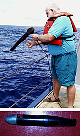 Even though we are on our way to Manzanillo, Mexico, we are continuing to collect scientific data, and in particular, multibeam bathymetry data. As you know, the multibeam bathymetry system uses sound to determine the depth of the seafloor. But the speed of sound changes as it travels through the water column! So we need a way to correct our sound data for the differences in the speed of sound as it travels through the water column. We can determine how fast sound travels at different depths in the ocean if we know the temperature at different water depths. We can measure this using an XBT (which stands for “Expendable Bathythermograph”), being launched here by Jim Charters, the Scripps Computer Technician. The expendable part of the XBT (shown below Jim's picture) contains a temperature sensor and a very fine copper wire. When Jim shoots the expendable part into the ocean, it sinks and the seawater temperature at different depths is transmitted up the copper wire to a recorder on the ship.