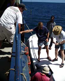 Researchers board the 279-foot research vessel Knorr, complete with a library, two hydraulic cranes and five science laboratories. Six hours after arriving in the Seychelles, the scientists depart for Mauritius.