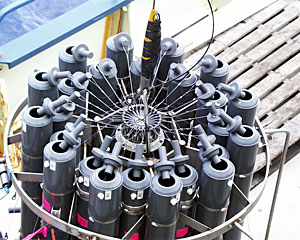 The water sampling bottles are lowered into the water with their tops and bottoms held open by nylon strings attached to the center of the frame. To take a water sample, scientists send an electric pulse down the cable that releases one of the nylon strings and the bottle snaps shut trapping water inside.