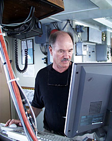  Second Mate Doug Mayer checks the ship’s progress. Since leaving Mauritius on Friday night, the Knorr has steamed over 700 miles en route to our first research site.  