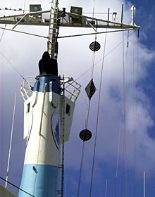 With ROV Jason and other research equipment working near the seafloor, Knorr flies the “ball- diamond-ball” signal that lets other ships know that we have equipment over the side and cannot maneuver quickly. 