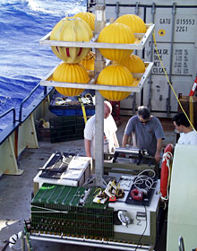 Scientists today loaded the elevator with sampling equipment. Coolers, water sampling bottles and white vent markers were among the more than 100 pounds of supplies sent to the seafloor for Jason to use to collect samples.