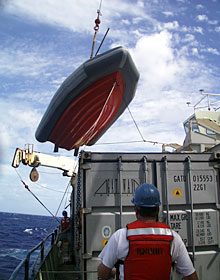 The work boat is stowed back on deck ready for the next elevator retrieval.  