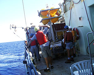 Crew members prepare to launch the elevator.  
