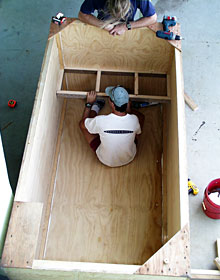 Constructing the ship’s “pool” are First Assistant Engineer Wayne Sylvia (inside pool) and Chief Mate Kent Sheasley. We are hoping to test it before the end of the cruise. 