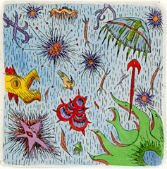 Alp works in a medium called Etching Intaglio. He uses acids on copper plates, then prints the images on pure rag papers. He hand-paints the vivid blues, greens, yellows and reds with watercolor paints.  