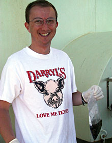 Chemist Darryl Green looks happy holding the hydrothermal sediment Jason collected using a push core yesterday.  