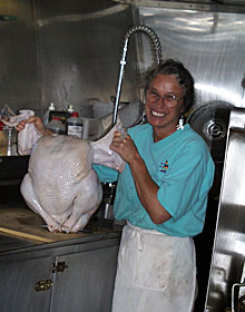 Steward Mirth Miller prepared a big turkey for tonight’s dinner. This bird weighed in at a hefty 28 pounds.  